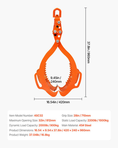 32-tums timmerlyfttång, timmertång med 4 klor, kraftig stålgrip, lyftkapacitet 2200 kg, svängbar timmergripare, Eagle Claw-design, timmersläptång för lastbilar, traktorer, gaffeltruckar