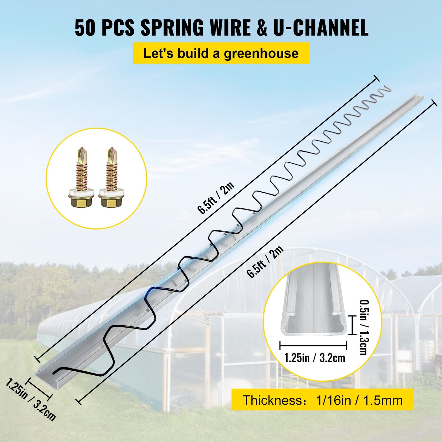 Spring Wire and Lock Channel, 6.56ft Spring Lock & U-Channel Bundle for Greenhouse, 50 Packs PE Coated Spring Wire & Aluminum Alloy Channel, Plastic Poly Film or Shade Cloth Attachment with Scre