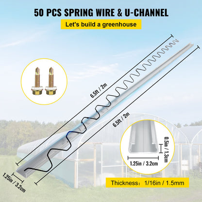 Spring Wire and Lock Channel, 6.56ft Spring Lock & U-Channel Bundle for Greenhouse, 50 Packs PE Coated Spring Wire & Aluminum Alloy Channel, Plastic Poly Film or Shade Cloth Attachment with Scre