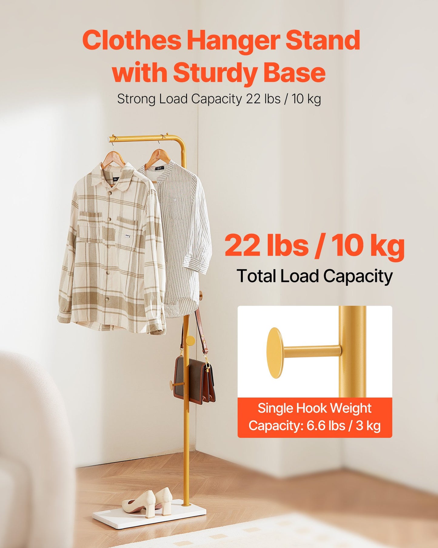 Coat Rack, Freestanding Coats Rack Stand with Quartz Stone Base & 3 Round Hooks, Free Standing Hall Coat Tree for Entryway, Bedroom, Living Room, Stylish Clothes Hanger Stand for Coats, Hat, Bag