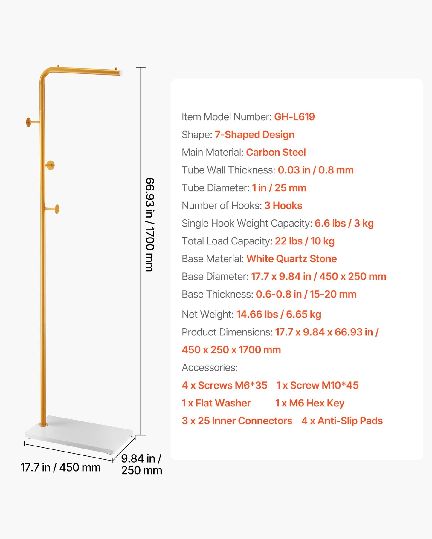 Klädhängare, fristående klädhängarställ med kvartsstensbas och 3 runda krokar, fristående hallklädhängare för entré, sovrum, vardagsrum, snygg klädhängare för rockar, hatt, väska
