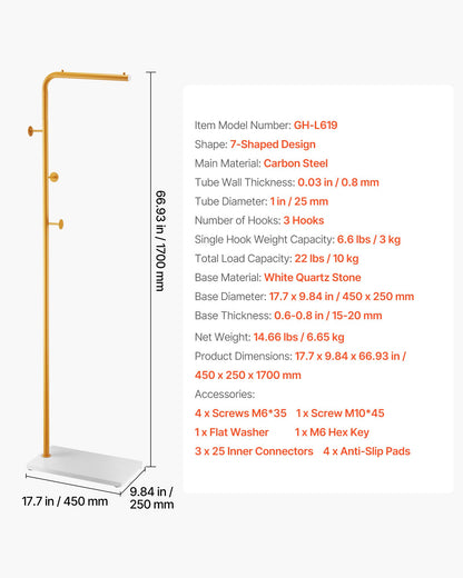 Klädhängare, fristående klädhängarställ med kvartsstensbas och 3 runda krokar, fristående hallklädhängare för entré, sovrum, vardagsrum, snygg klädhängare för rockar, hatt, väska