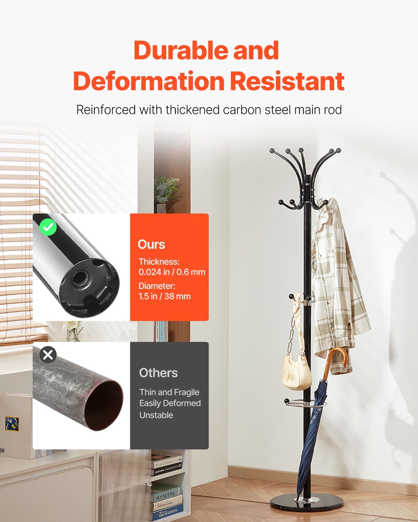 Fristående klädhängare, metallklädhängare med paraplyhållare, stabil marmorbas och 14 krokar, hallklädhängare för entré, sovrum, vardagsrum, snygg klädhängare för hattar, halsdukar, väska