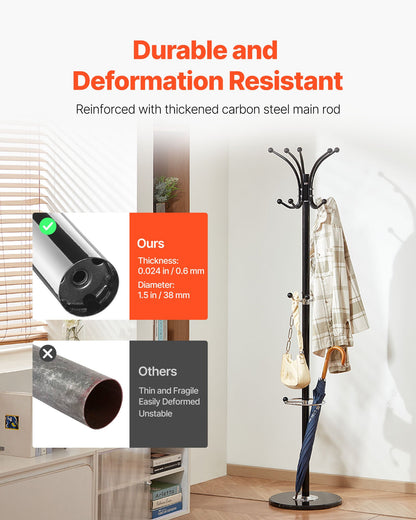 Fristående klädhängare, metallklädhängare med paraplyhållare, stabil marmorbas och 14 krokar, hallklädhängare för entré, sovrum, vardagsrum, snygg klädhängare för hattar, halsdukar, väska