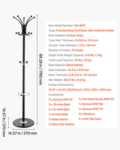 Fristående klädhängare, metallklädhängare med paraplyhållare, stabil marmorbas och 14 krokar, hallklädhängare för entré, sovrum, vardagsrum, snygg klädhängare för hattar, halsdukar, väska