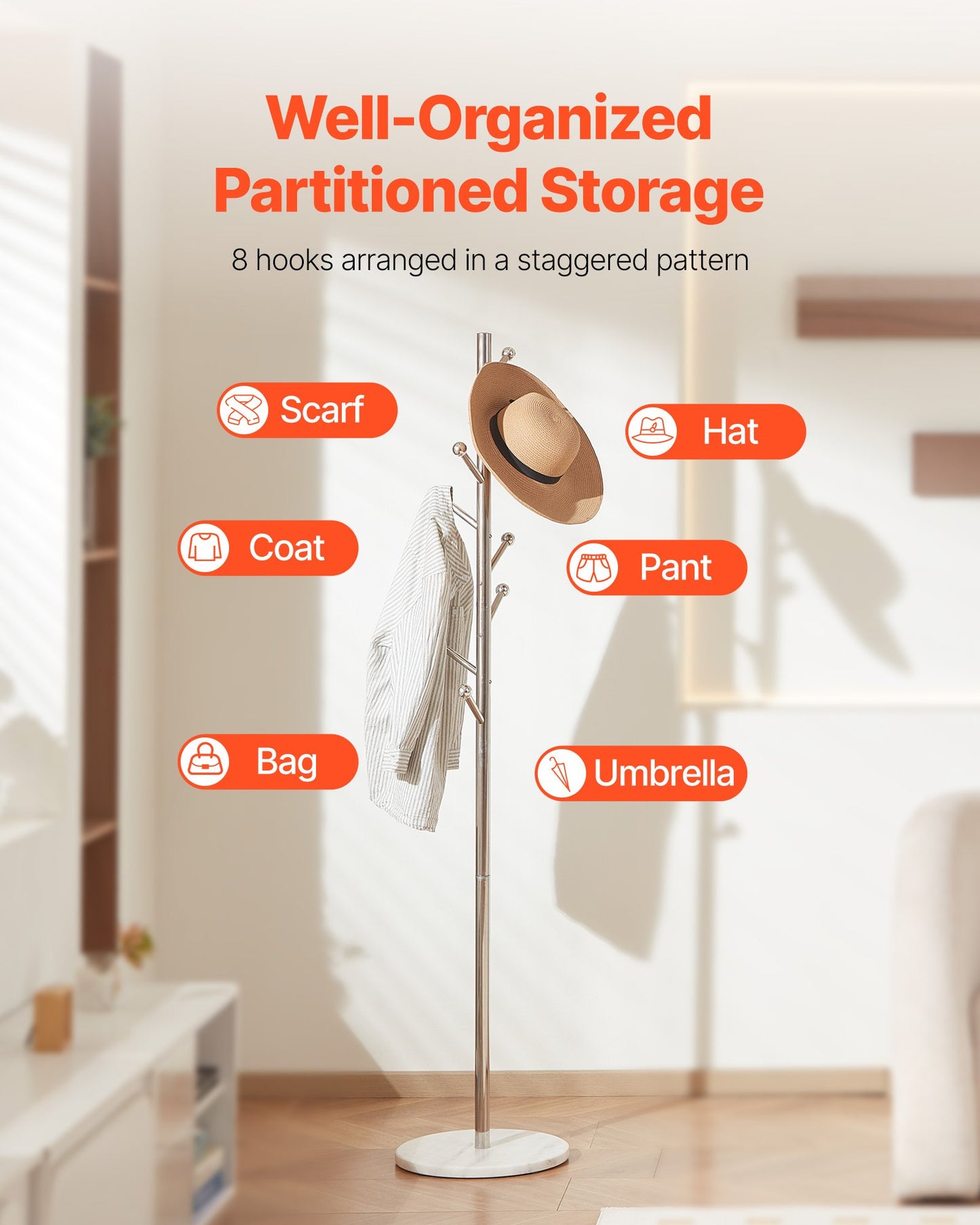 Coat Rack, Freestanding Coats Rack Stand with Stable Marble Base & 8 Hooks, Free Standing Hall Coat Tree for Entryway, Bedroom, Office, Living Room, Modern Clothes Hanger for Coats, Hats, Bags