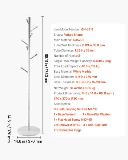 Coat Rack, Freestanding Coats Rack Stand with Stable Marble Base & 8 Hooks, Free Standing Hall Coat Tree for Entryway, Bedroom, Office, Living Room, Modern Clothes Hanger for Coats, Hats, Bags