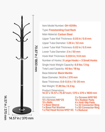 Coat Rack Freestanding, Coats Tree Stand with Stable Marble Base & 6 Hooks, Free Standing Hall Coat Rack for Entryway, Bedroom, Office, Living Room, Modern Clothes Hanger for Coats, Hats, Bags