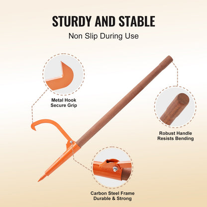 Log Peavey, 46.5 in, Wooden Handle Log Lifter, Heavy Duty Log Roller with Max 18 in Opening, Rust-Resistant Log Jack Cant Hook, Felling Log Roller Tool for Rolling, Raising, Turning Logs