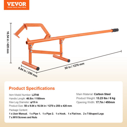Timberjack, 46.5 in, Heavy Duty Steel Log Lifter, Log Roller with Adjustable Cant Hook, Logging Tools Log Jack for Logs Ups to 15" Dia, Timber Jack for Rolling Cutting Lifting Logs