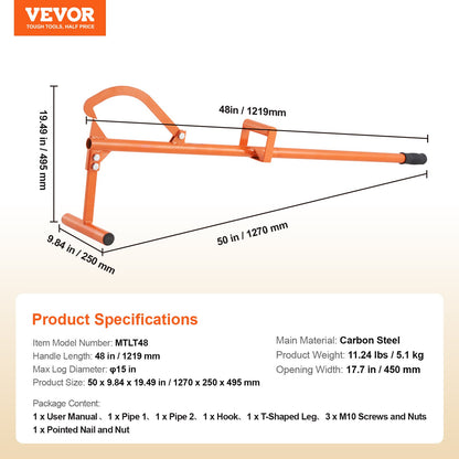 Timberjack, 46,5 tum, 4 i 1 kraftig stålstocklyftare, multifunktionell stockrulle justerbar snedställningskrok, skogsbruksverktyg stockdomkraft, skogsbruksmultiverktyg för rullning, kapning och lyftning av stockar