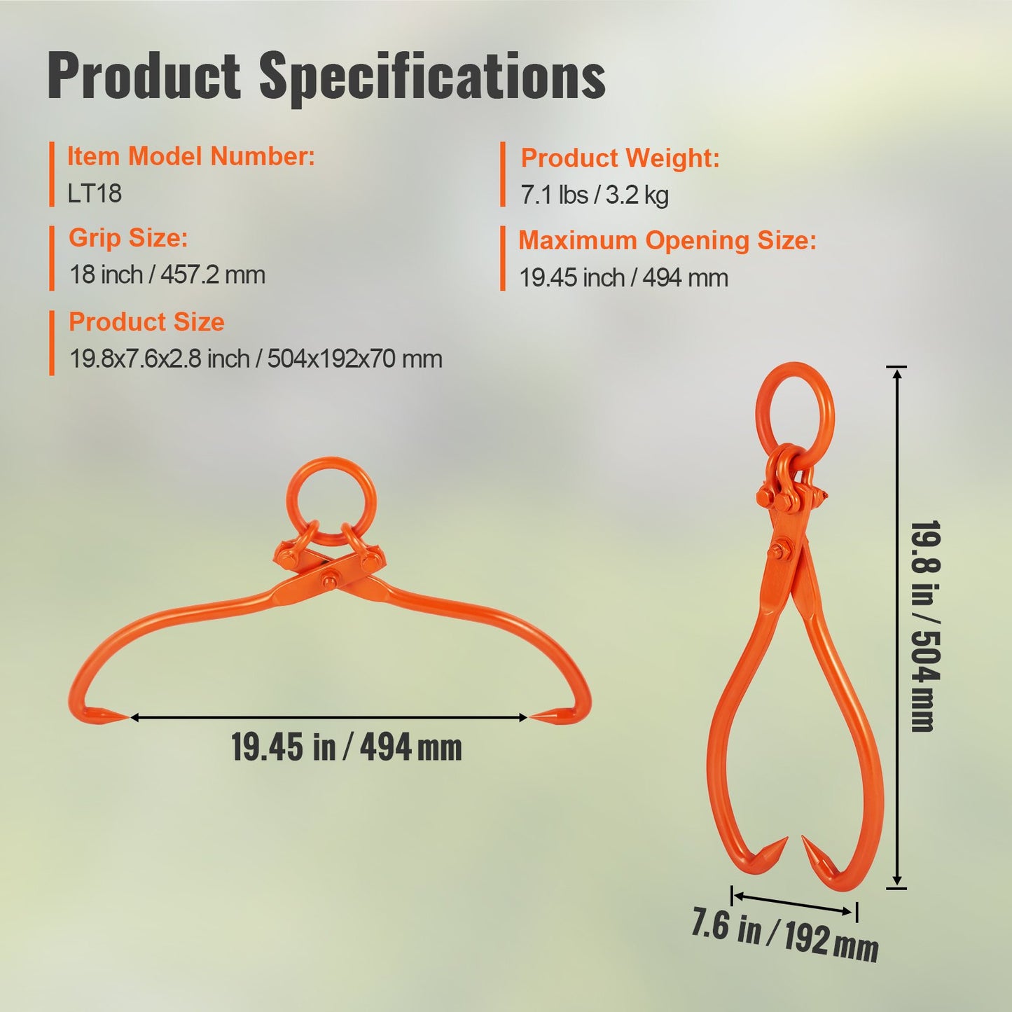 Log Skidding Tongs, 18 inch 2 Claw Log Lifting Tongs, Heavy Duty Steel Lumber Skidding Tongs, 772 lbs/350 kg Loading Capacity, Log Lifting, Handling, Dragging & Carrying Tool