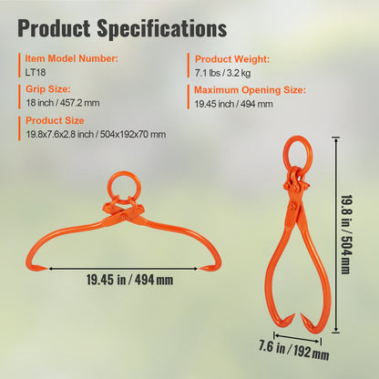 Log Skidding Tongs, 18 inch 2 Claw Log Lifting Tongs, Heavy Duty Steel Lumber Skidding Tongs, 772 lbs/350 kg Loading Capacity, Log Lifting, Handling, Dragging & Carrying Tool