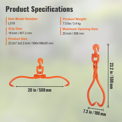 Log Skidding Tongs, 18 inch 2 Claw Log Lifting Tongs, Heavy Duty Rotating Steel Lumber Skidding Tongs, 772 lbs/350 kg Loading Capacity, Log Lifting, Handling, Dragging & Carrying Tool