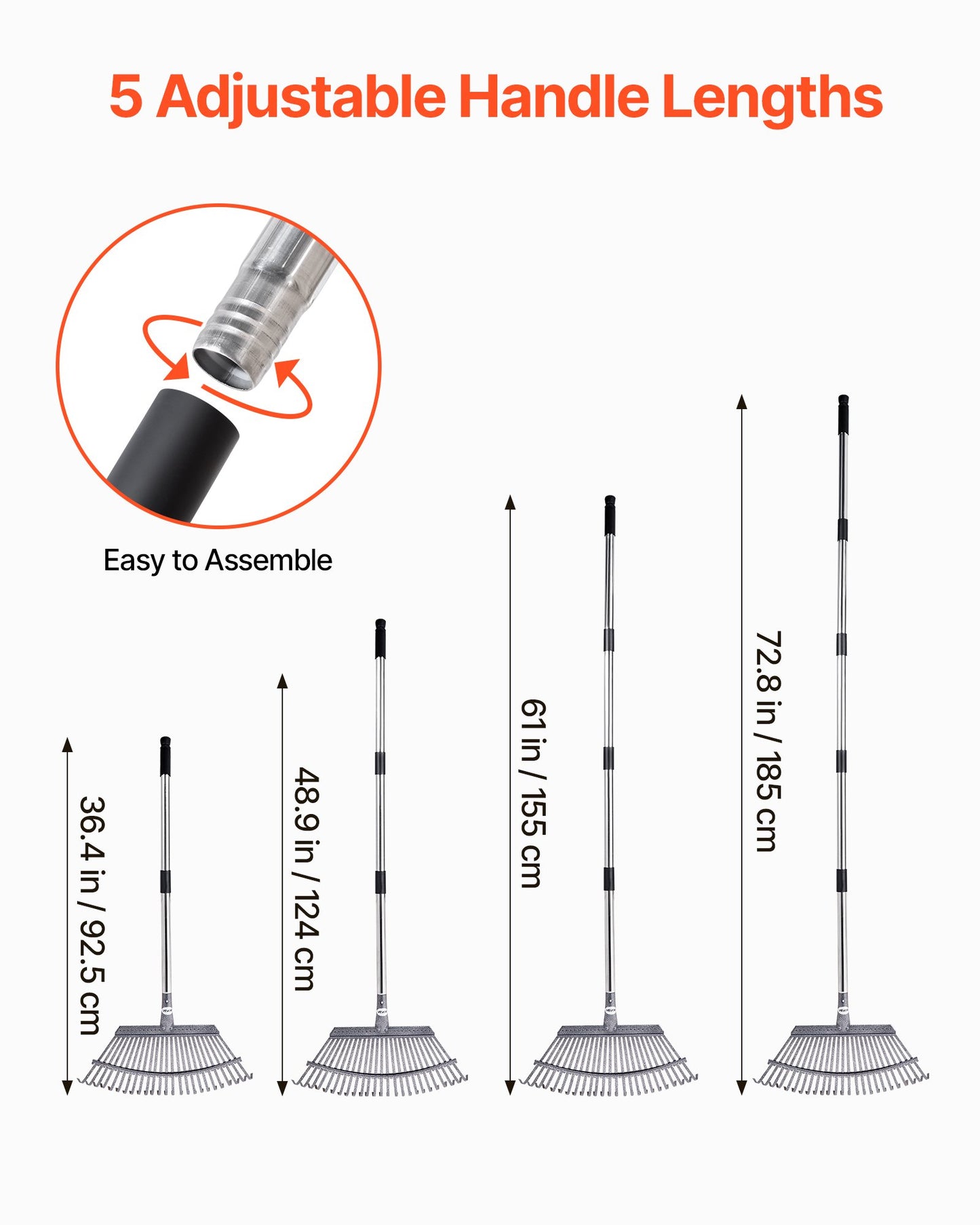 Lövkratta, 25 metallpinnar, justerbar trädgårdskratta för gräsmattor med 46,5 cm brett huvud och 92,5-185 cm långt handtag, kraftigt rostfritt stålverktyg för små löv för trädgårdsskötsel, camping, gårdsplan, gräs