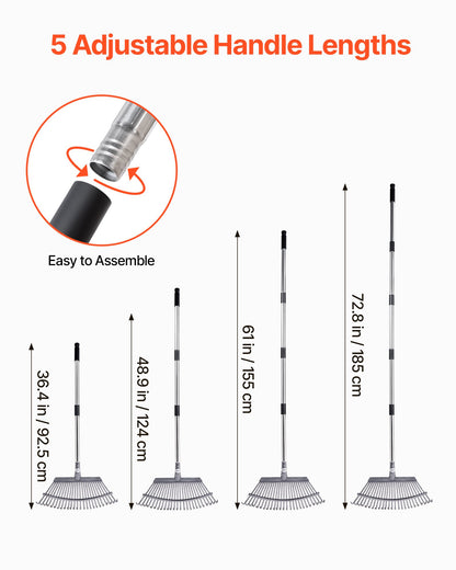 Lövkratta, 25 metallpinnar, justerbar trädgårdskratta för gräsmattor med 46,5 cm brett huvud och 92,5-185 cm långt handtag, kraftigt rostfritt stålverktyg för små löv för trädgårdsskötsel, camping, gårdsplan, gräs