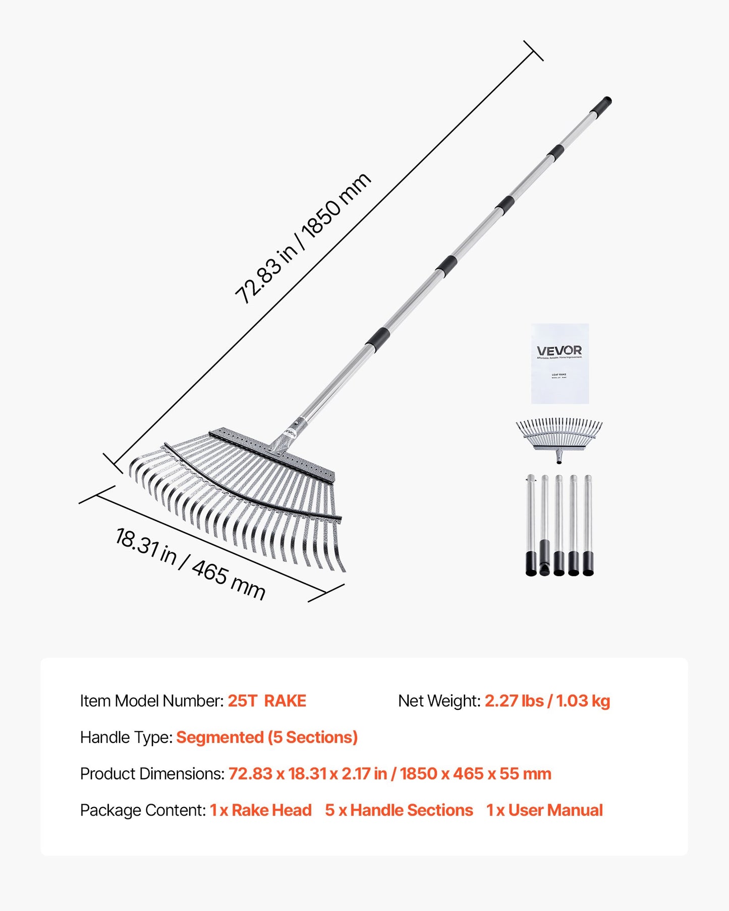 Lövkratta, 25 metallpinnar, justerbar trädgårdskratta för gräsmattor med 46,5 cm brett huvud och 92,5-185 cm långt handtag, kraftigt rostfritt stålverktyg för små löv för trädgårdsskötsel, camping, gårdsplan, gräs