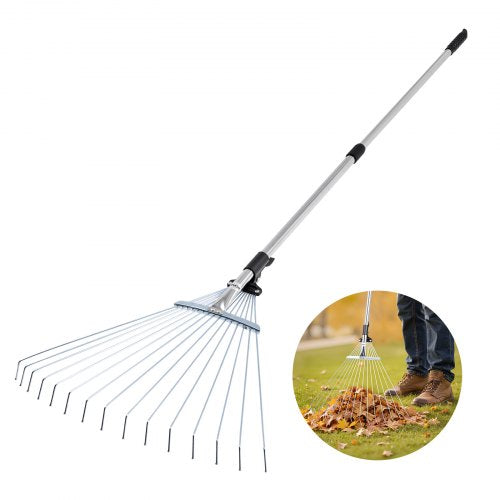 Lövkratta, 15 metallpinnar, justerbar trädgårdskratta för gräsmattor med 19-57 cm brett huvud och 81,3-160 cm långt handtag, kraftigt rostfritt stålverktyg för små löv för trädgårdsskötsel, camping, gårdsplan och gräsmatta