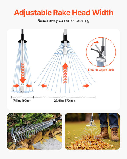 Leaf Rake, 15 Metal Tines, Adjustable Garden Rake for Lawns with 19-57 cm Wide Head and 81.3-160 cm Long Handle, Heavy Duty Stainless Steel Small Leaves Tool for Gardening Camping Yard Grass