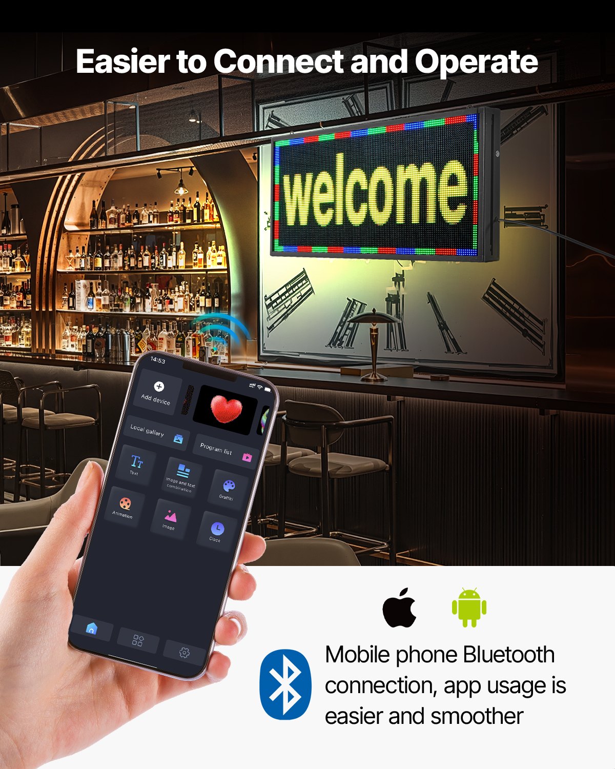 Programmable LED Sign, P5 Full Color Flexible Digital Scrolling Panel, DIY Custom Text Pattern GIF Display, Bluetooth APP Control Message Board for Store Business Advertising, Indoor 27x14 in