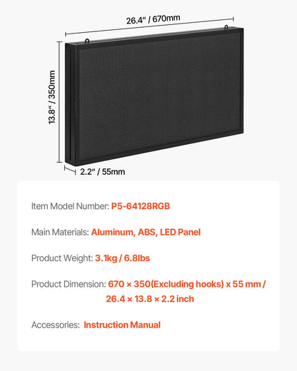 Programmable LED Sign, P5 Full Color Flexible Digital Scrolling Panel, DIY Custom Text Pattern GIF Display, Bluetooth APP Control Message Board for Store Business Advertising, Indoor 27x14 in