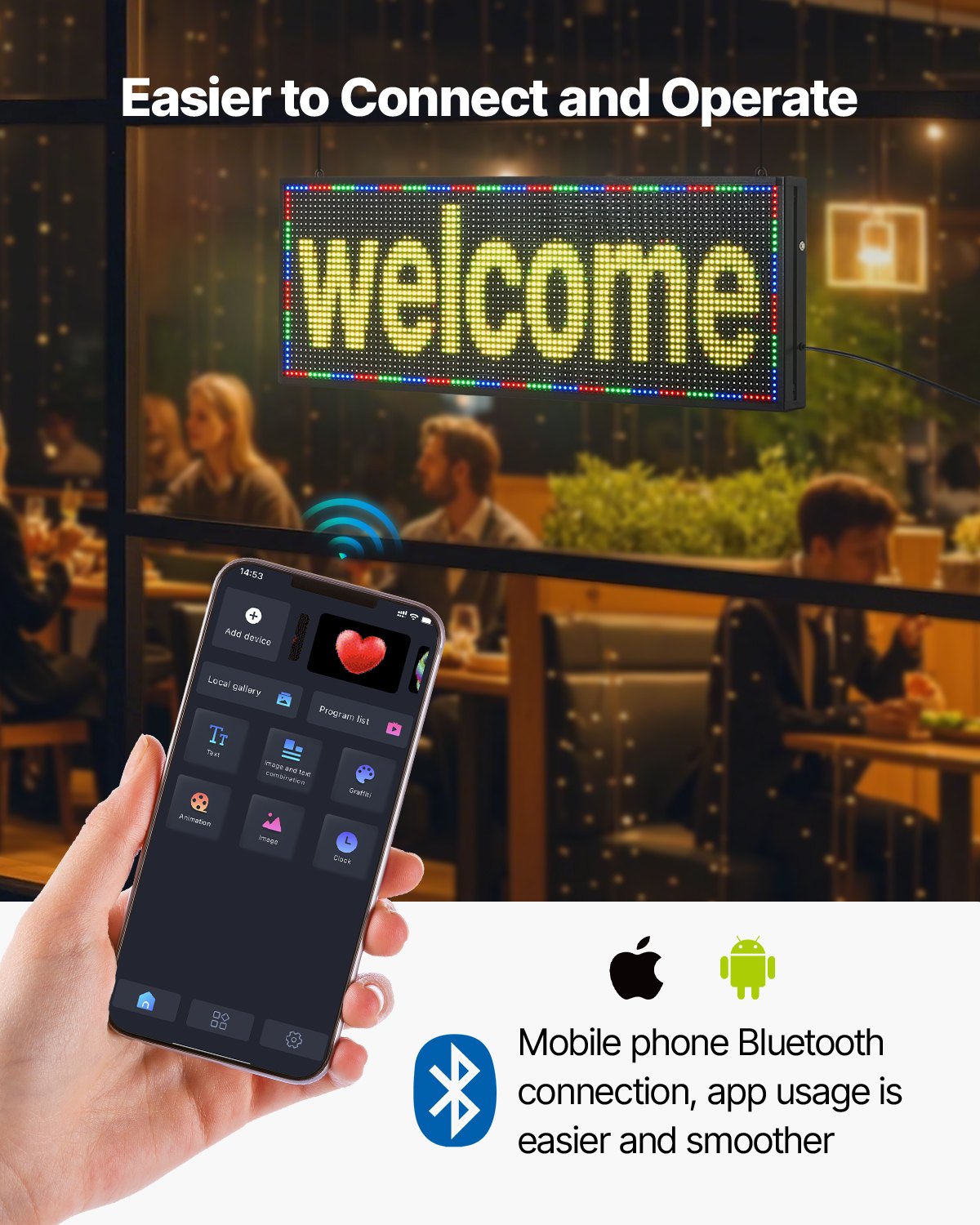 Programmable LED Sign, P10 Full Color Flexible Digital Scrolling Panel, DIY Custom Text Pattern GIF Display Board, Bluetooth APP Control Message Shop Sign for Store Business Advertising, 40x14 in