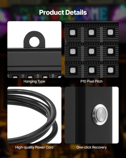 Programmable LED Sign, P10 Full Color Flexible Digital Scrolling Panel, DIY Custom Text Pattern GIF Display Board, Bluetooth APP Control Message Shop Sign for Store Business Advertising, 40x14 in