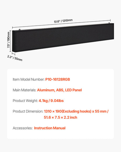 Programmerbar LED-skylt, P10 flexibel digital rullningspanel i fullfärg, gör-det-själv-anpassad textmönstrad GIF-displaytavla, Bluetooth-app-styrd meddelandeskylt för butiksreklam, 52x8 tum