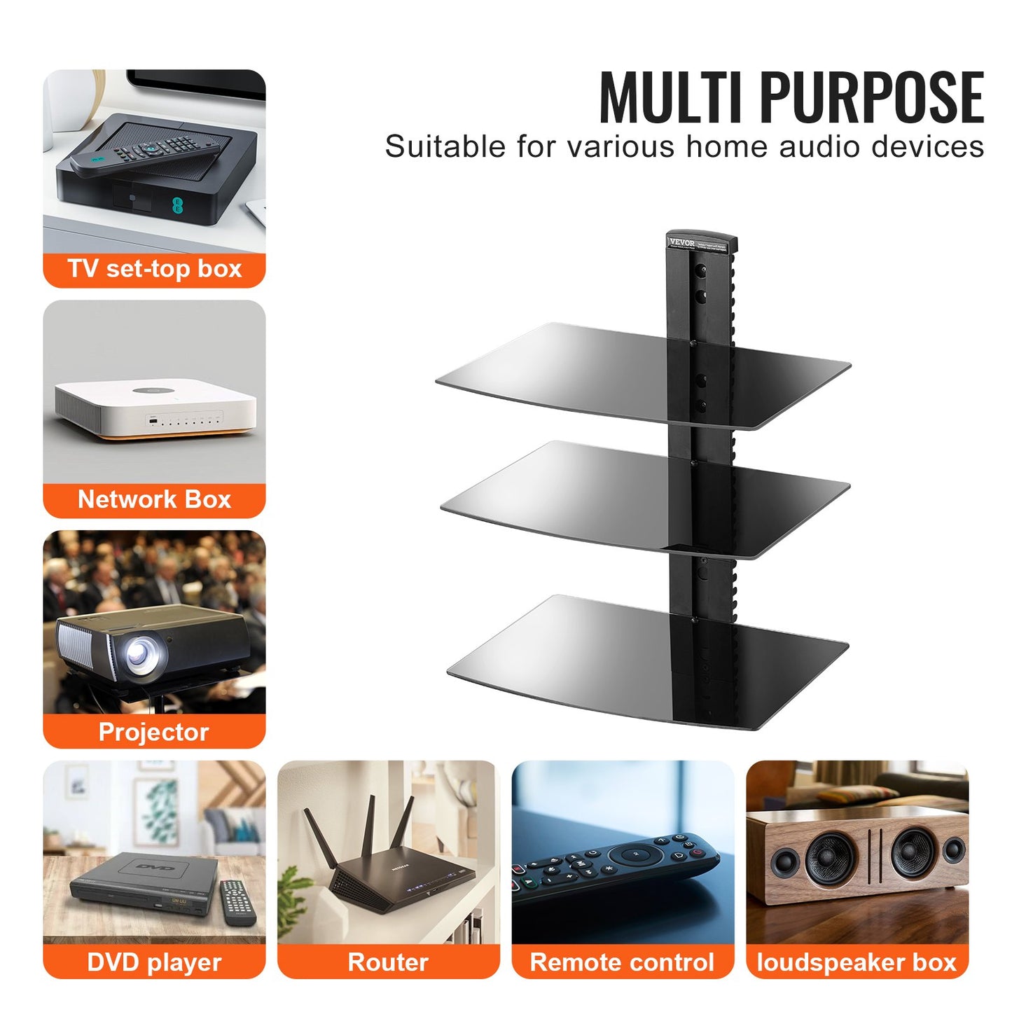 Glass Floating Shelves, Holds up to 18 lbs, TV Wall Mount with Shelf，Strengthened Floating Entertainment Center for DVD Players / PS4 / Cable Boxes/Game Consoles/Sky Box/TV Accessories-3 Tiers