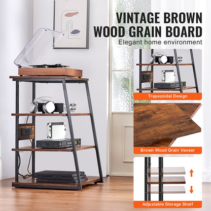 4-Tier AV Media Stand with Power Strips, Corner TV Stand with LED Lights, Height Adjustable Wooden Shelves for DVD Players/Cable Boxes/Games Consoles, Brown