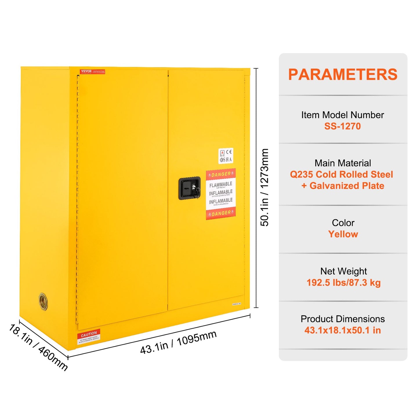 Flammable Safety Cabinet, 128.7 L, Cold-Rolled Steel Flammable Liquid Storage Cabinet, 1095 x 460 x 1273 mm Explosion Proof with 1 Adjustable Shelf 2 Manual Closing Doors for Industrial Use, Yellow