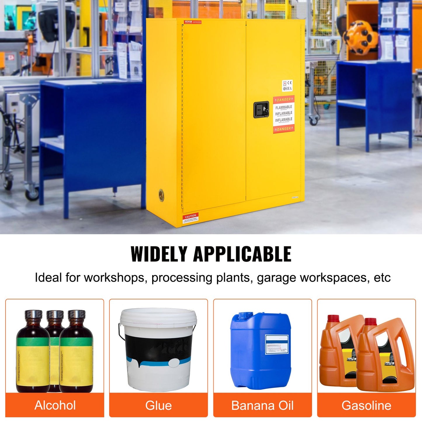 Flammable Safety Cabinet, 128.7 L, Cold-Rolled Steel Flammable Liquid Storage Cabinet, 1095 x 460 x 1273 mm Explosion Proof with 1 Adjustable Shelf 2 Manual Closing Doors for Industrial Use, Yellow