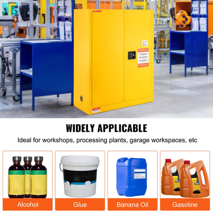 Flammable Safety Cabinet, 128.7 L, Cold-Rolled Steel Flammable Liquid Storage Cabinet, 1095 x 460 x 1273 mm Explosion Proof with 1 Adjustable Shelf 2 Manual Closing Doors for Industrial Use, Yellow