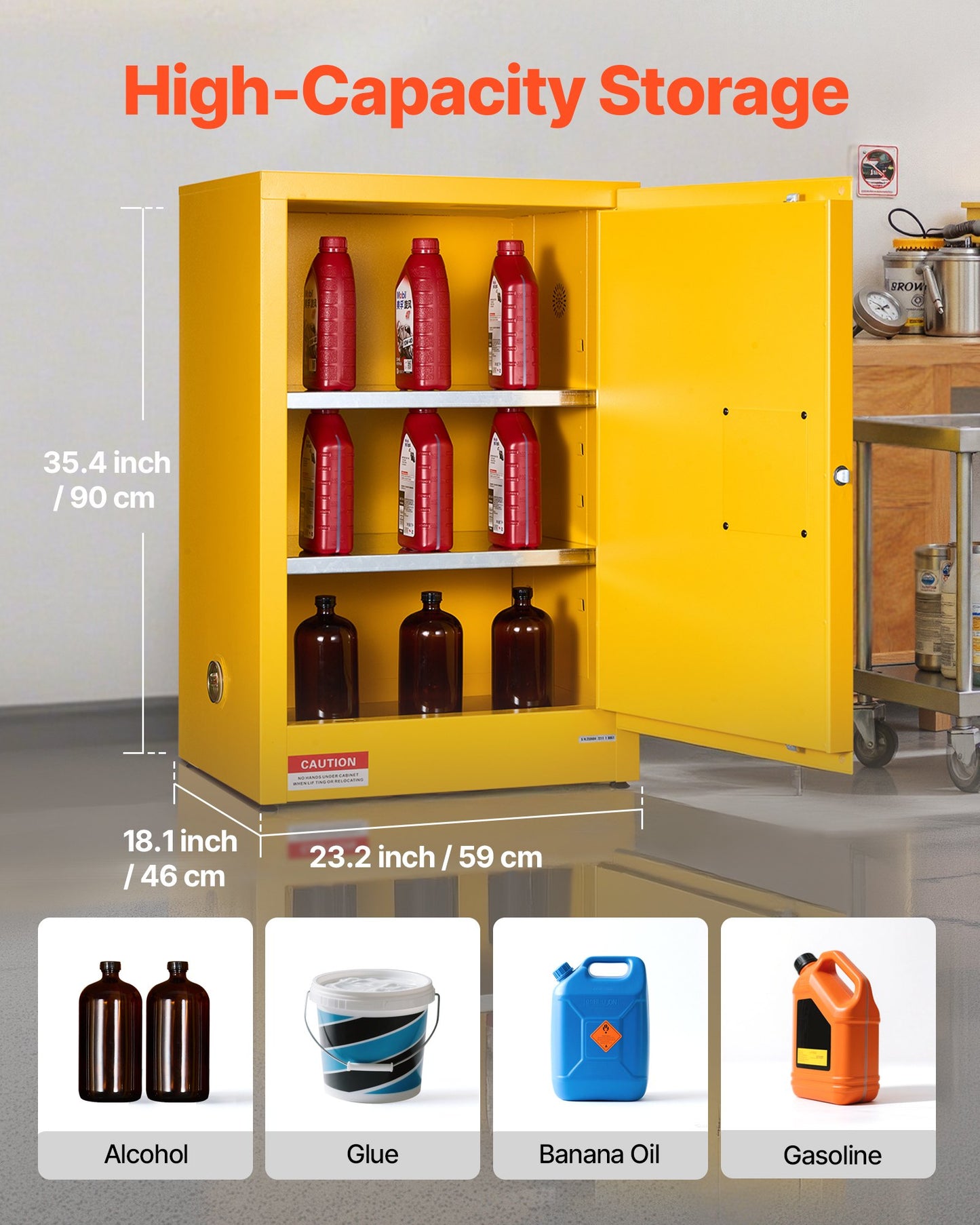 Brandfarligt skåp, 59 x 46 x 90 cm, 13 gallon brandfarligt förvaringsskåp med justerbar hylla, kallvalsade och galvaniserade stålbrandskåp, för kommersiell, industriell och hemmabruk, gul