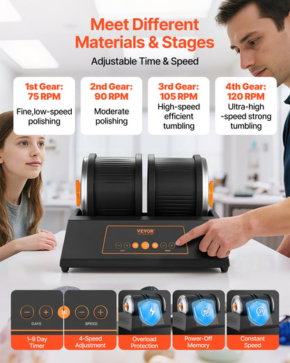 Rock Tumbler Kit, 8 lbs Rock Polishing Kit, 4 Speed Settings 9-Day Polishing Timer Stone Polishing Kit, Double Barrel Rock Polisher with Adapter, Rock Polisher for Adults and Kids