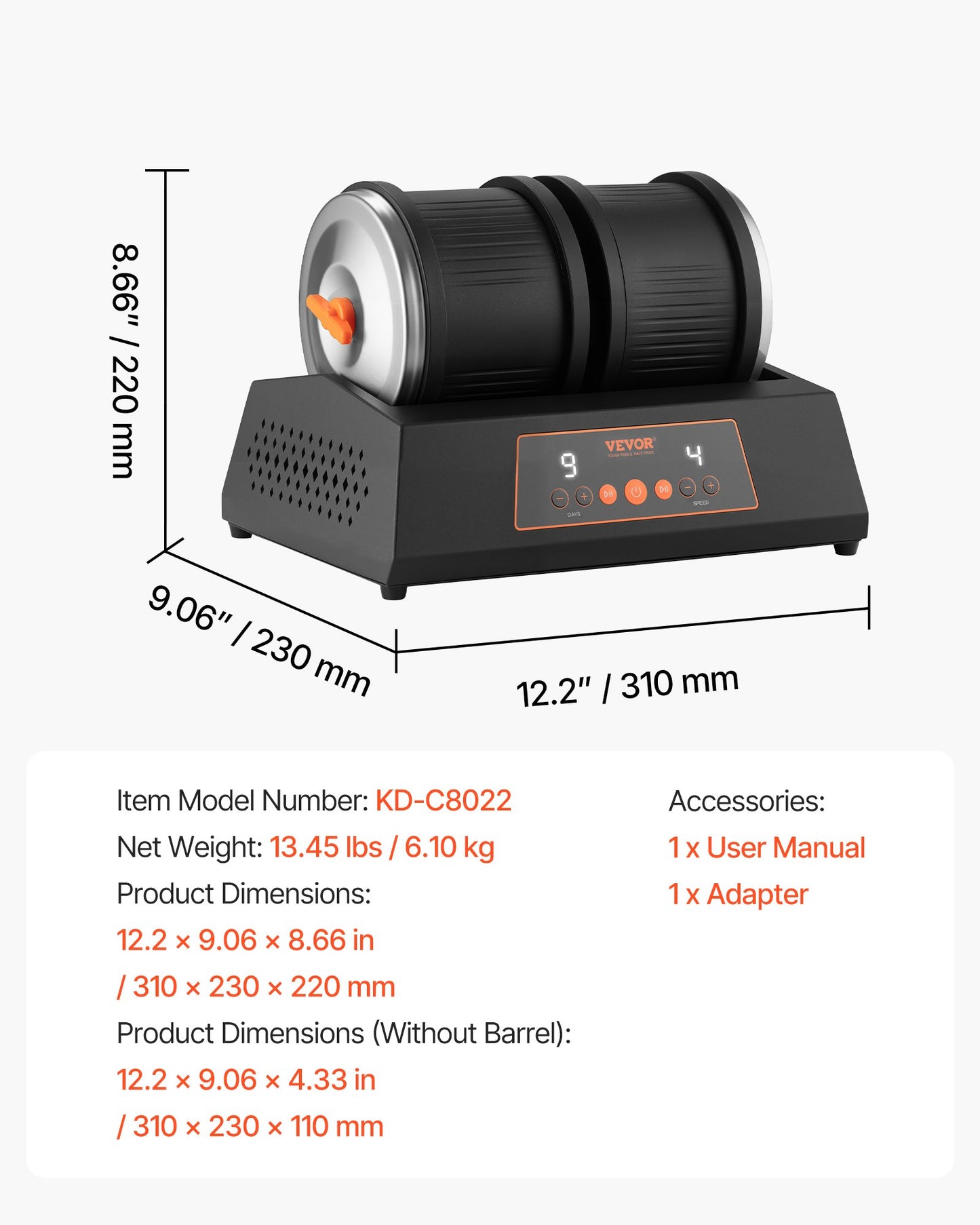 Rock Tumbler Kit, 8 lbs Rock Polishing Kit, 4 Speed Settings 9-Day Polishing Timer Stone Polishing Kit, Double Barrel Rock Polisher with Adapter, Rock Polisher for Adults and Kids