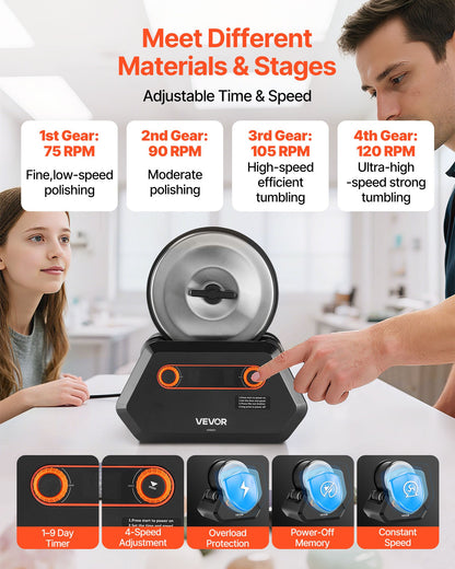 Rock Tumbler Kit, Rock Polishing Kit, 4 Speed Settings 9-Day Polishing Timer Stone Polishing Kit, Rock Polisher with Rough Gemstones and Polishing Grits, Rock Polisher for Adults Kids