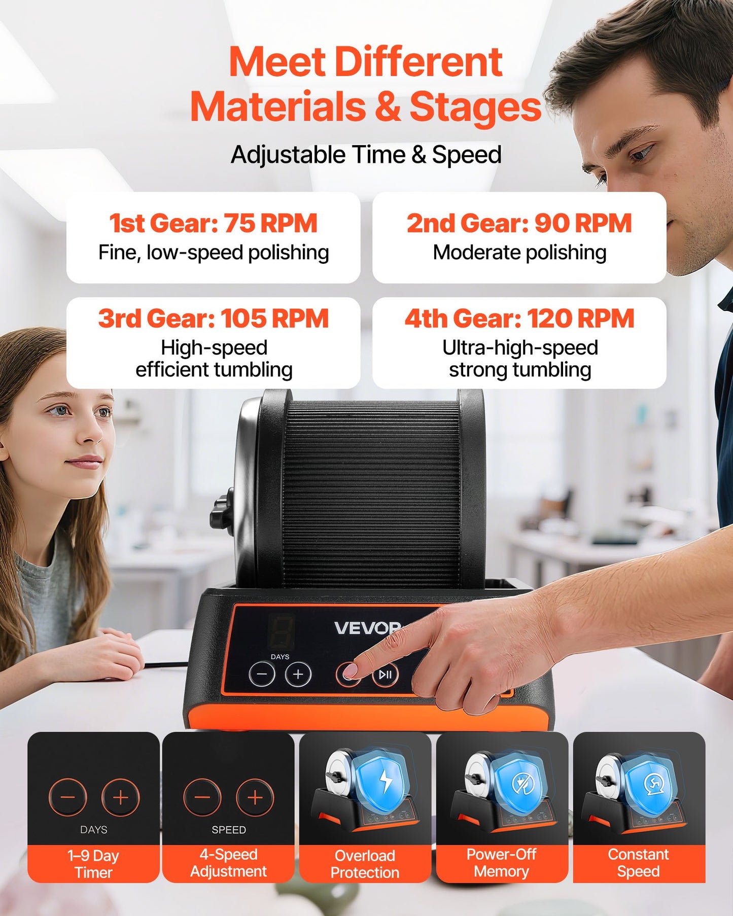 Rock Tumbler Kit, Rock Polishing Kit, 4 Speed Settings 9-Day Polishing Timer Stone Polishing Kit, Rock Polisher with Rough Gemstones and Polishing Grits, Rock Polisher for Adults Kids