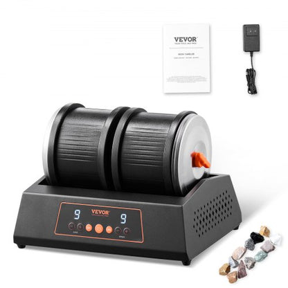 Rock Tumbler Machine, 8 lbs Large Capacity Dual Barrels Rock Polishing Machine, 9 Speed Settings 9-Day Polishing Timer Stone Tumbler, Direct Drive Motor, 35dB Silent Rotary Polisher, Black