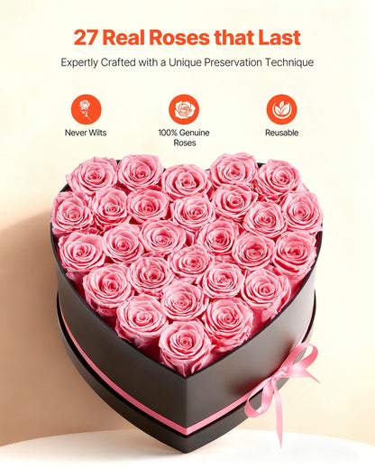 Forever Flowers, 27 Preserved Roses in a Heart Shape Box, Eternal Flowers Immortal Bouquet Birthday Present for Women Her Wife Mothers, Anniversary, Valentine's Day,Christmas, Pink