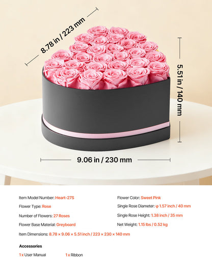 Forever Flowers, 27 Preserved Roses in a Heart Shape Box, Eternal Flowers Immortal Bouquet Birthday Present for Women Her Wife Mothers, Anniversary, Valentine's Day,Christmas, Pink