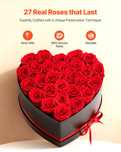 Forever Flowers, 27 Preserved Roses in a Heart Shape Box, Eternal Flowers Immortal Bouquet Birthday Present for Delivery Prime Women Her Wife Mothers, Anniversary, Valentine's Day,Christmas, Red