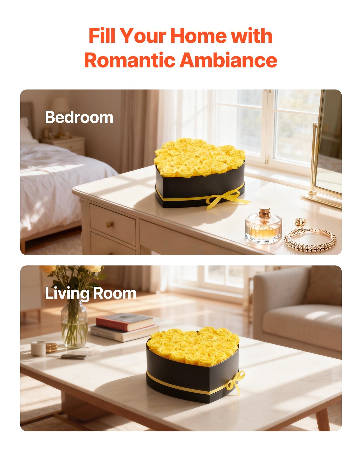 Forever Flowers, 27 Preserved Roses in a Heart Shape Box, Eternal Flowers Immortal Bouquet Birthday Present for Women Her Wife Mothers, Anniversary, Valentine's Day,Christmas, Yellow