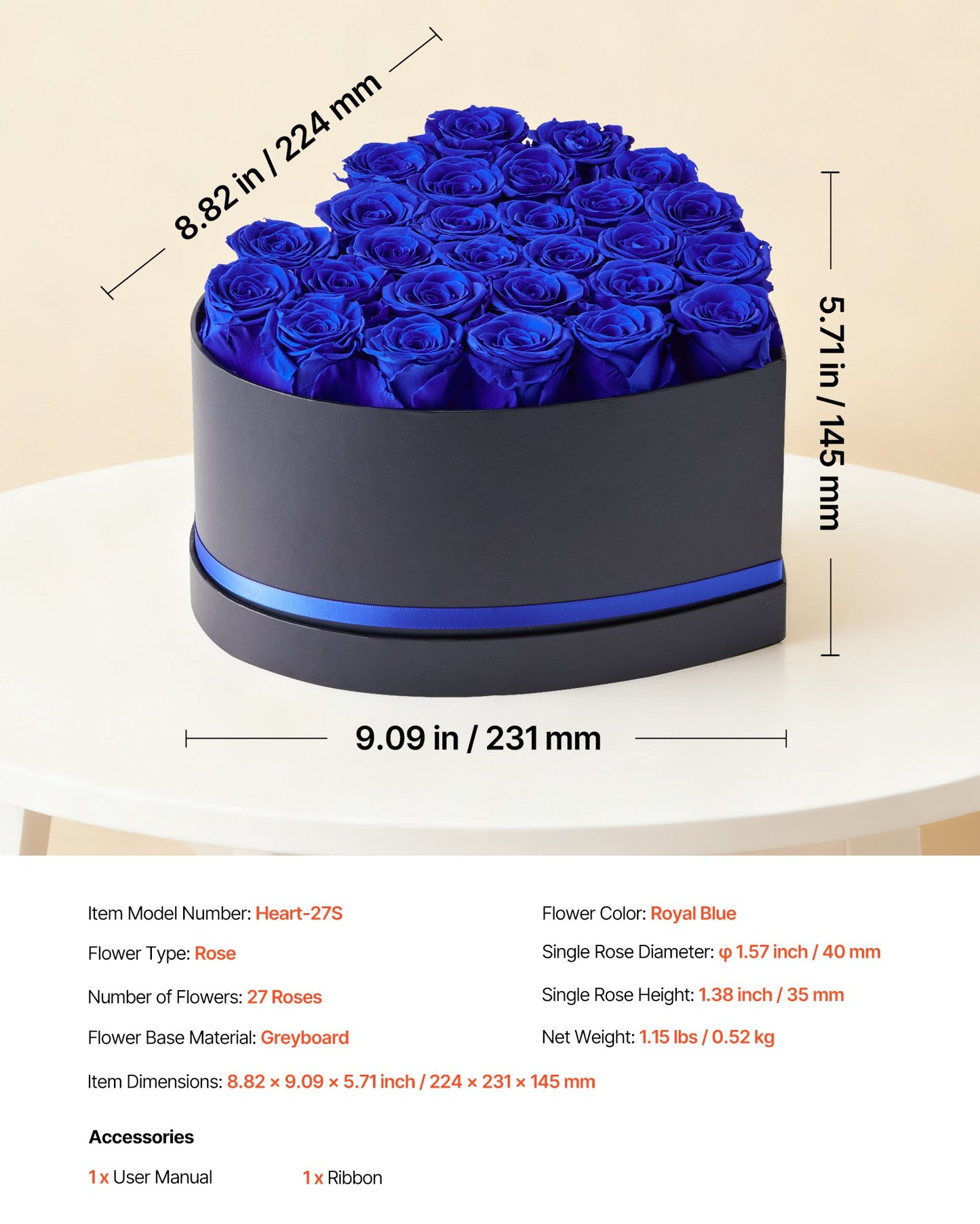 Forever Flowers, 27 Preserved Roses in a Heart Shape Box, Eternal Flowers Immortal Bouquet Birthday Present for Women Her Wife Mothers, Anniversary, Valentine's Day,Christmas, Royal Blue