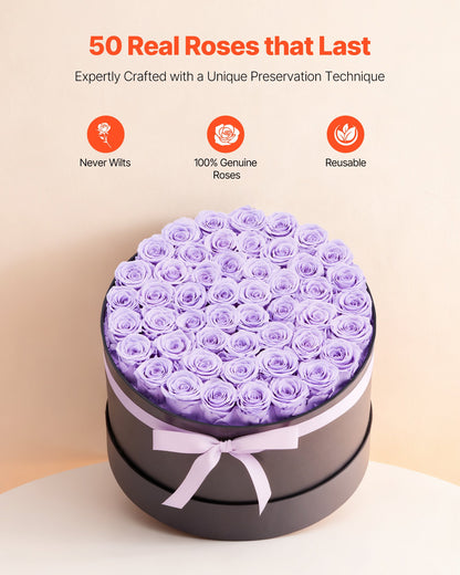 Forever Flowers, 50 Preserved Roses in a Box, Eternal Flowers Immortal Bouquet Birthday Present for Women Her Wife Mothers, Anniversary, Valentine's Day,Christmas, Lavender Purple