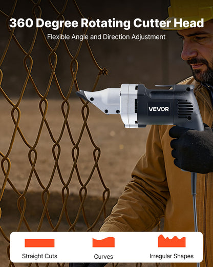 Electric Metal Shear, 4.0-Amp Corded Sheet Metal Cutter with 360-Degree Swivel Head, Variable Speed, Continuous Cutting, Clean Cut for 1.22 mm Galvanized Steel, 1 mm Stainless Steel, 2500 SPM