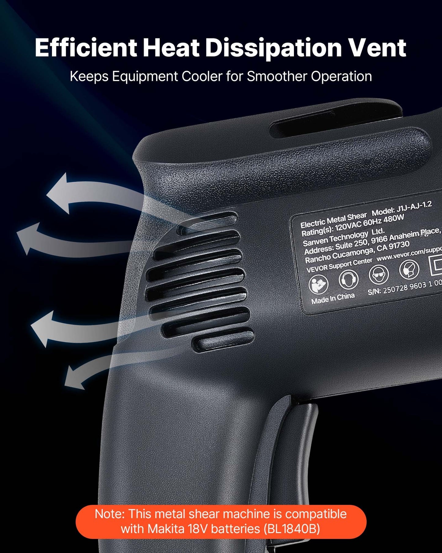 Electric Metal Shear, 4.0-Amp Corded Sheet Metal Cutter with 360-Degree Swivel Head, Variable Speed, Continuous Cutting, Clean Cut for 1.22 mm Galvanized Steel, 1 mm Stainless Steel, 2500 SPM