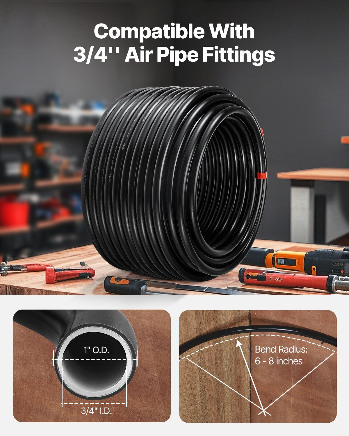 Air Compressor Line Kit, 200FT x 3/4", HDPE-Aluminum Compressed Air Piping System, Leak-Proof & Easy-to-Install, Compressed Air Line Tubing Kit for Garages Workshops, Black