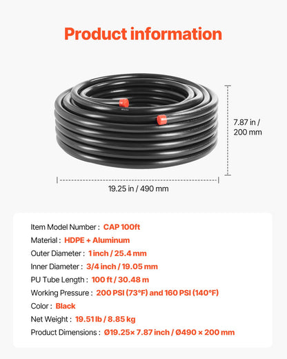 Air Compressor Line Kit, 100FT x 3/4", HDPE-Aluminum Compressed Air Piping System, Leak-Proof, Pressure-Resistant & Easy-to-Install, Compressed Air Line Tubing Kit for Garages Workshops, Black