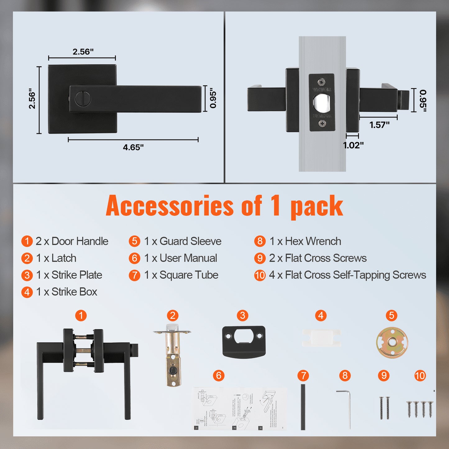 Privacy Door Handle, 10 Pack Matte Black Door Lever, Left or Right Handing Reversible Lever with Keyless Lock, 45° Rotation to Open, Universal Square Interior for Bedroom and Bathroom Doors